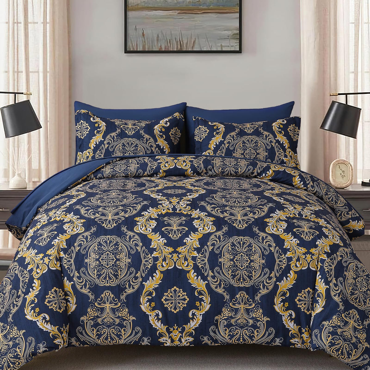 WONGS BEDDING Black Comforter Set Queen Size, Gold Damask Texture 7 Pieces Bed in a Bag Microfiber Comforter Bedding Sets -1 Comforter, 1 Flat Sheet, 1 Fitted Sheet, 2 Pillow Shams, 2 Pillowcases