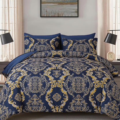 WONGS BEDDING Black Comforter Set Queen Size, Gold Damask Texture 7 Pieces Bed in a Bag Microfiber Comforter Bedding Sets -1 Comforter, 1 Flat Sheet, 1 Fitted Sheet, 2 Pillow Shams, 2 Pillowcases