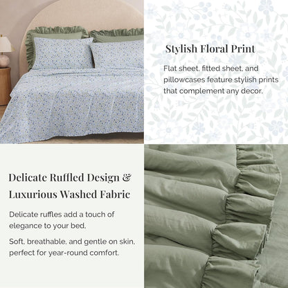 BLOOMHAVEN Queen Comforter Set-7 Pieces Ruffle Bedding with Floral Sheet