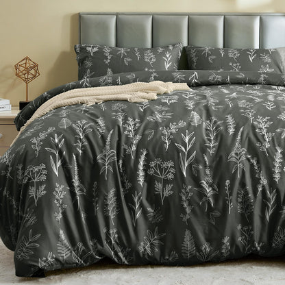 MUXHOMO Duvet Cover King Size, 3-Piece Floral Grey-Blue Bedding Set