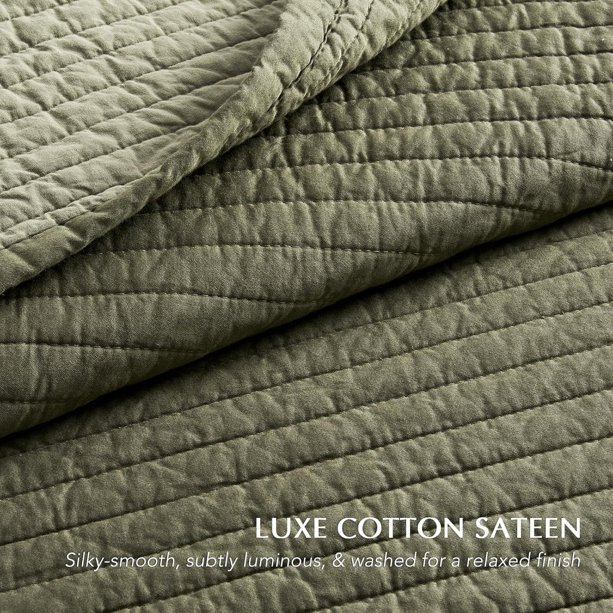 EVERGRACEHOME Cotton Sateen Quilt Set, Queen Size, Olive Green
