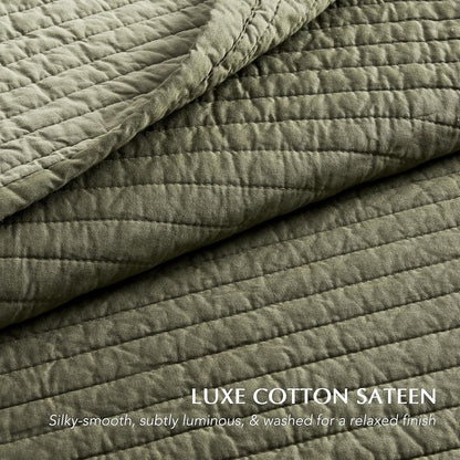 EVERGRACEHOME Cotton Sateen Quilt Set, Queen Size, Olive Green