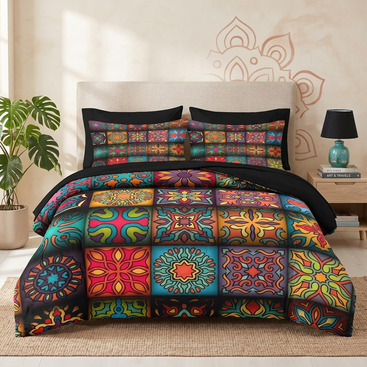Pamnest Queen Comforter Set with Sheets, 7 Pieces Vintage Tribal Bedding