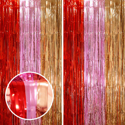 Voircoloria Laser Pink Foil Fringe Backdrop Curtains,3.3x6.6ft, 2 Pack