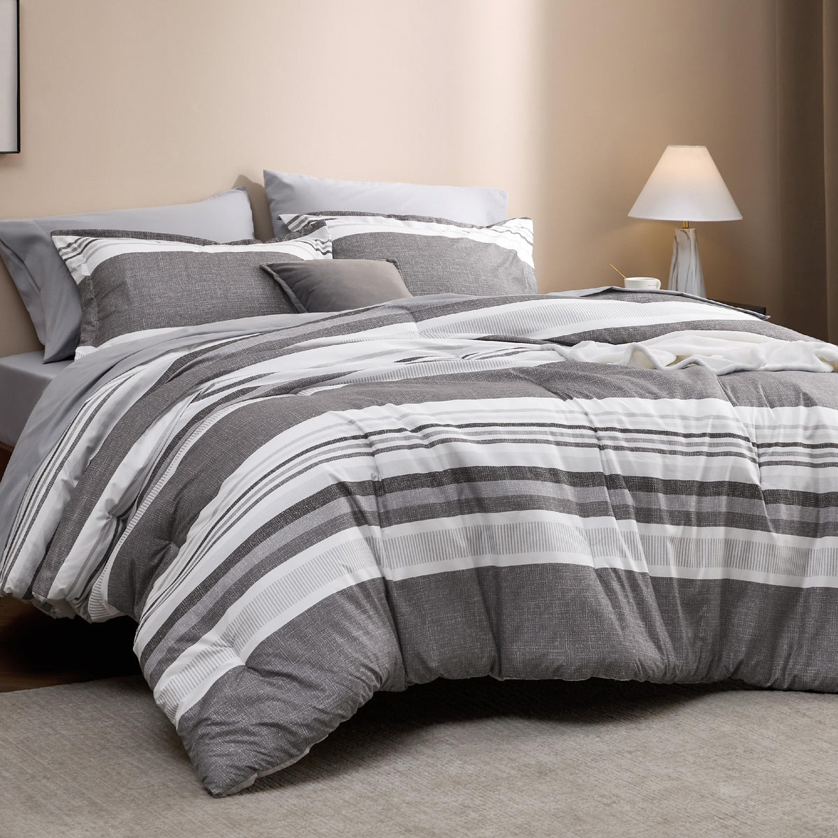Bedsure Full Comforter Set 7 Pc, Grey Striped, Reversible, All-Season