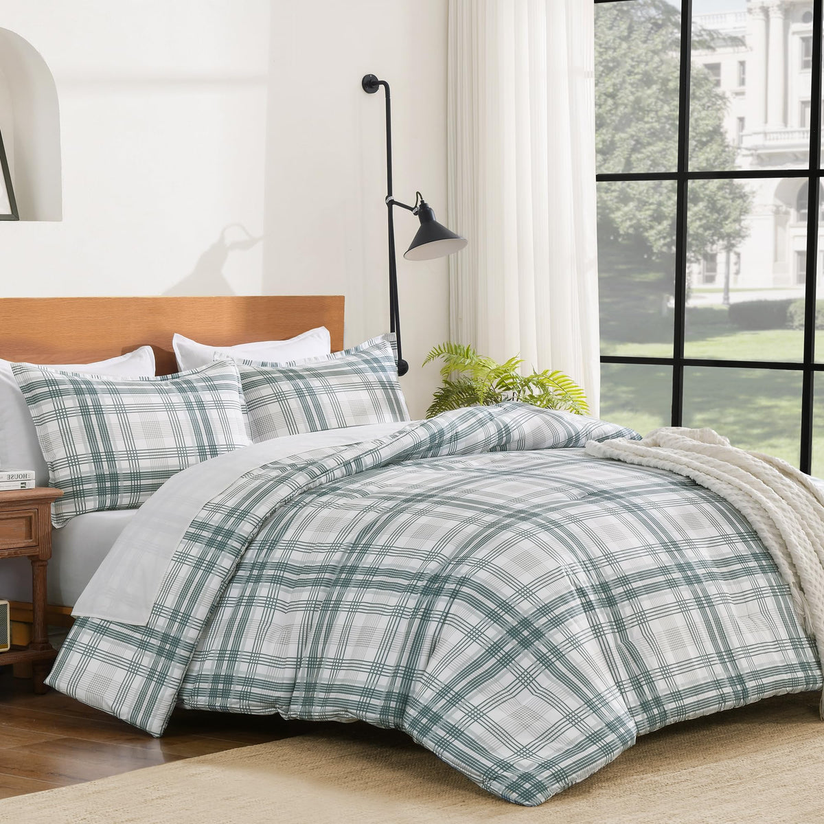 Andency Tan Gingham Comforter Set Twin, Brown Checkered Grid Plaid Bedding