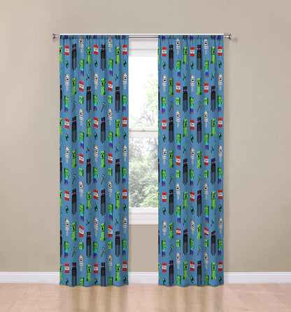 Jay Franco Kids Window Drapes - 4 Piece Curtain Set Includes 2 Tiebacks, Beautiful Bedding Room Décor and Easy Set Up, Blue - Minecraft, 84 Inch