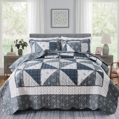 VIVILINEN Blue Floral Patchwork Quilt Set King Size Reversible Quilted Bedding Set with 2 Pillowcases