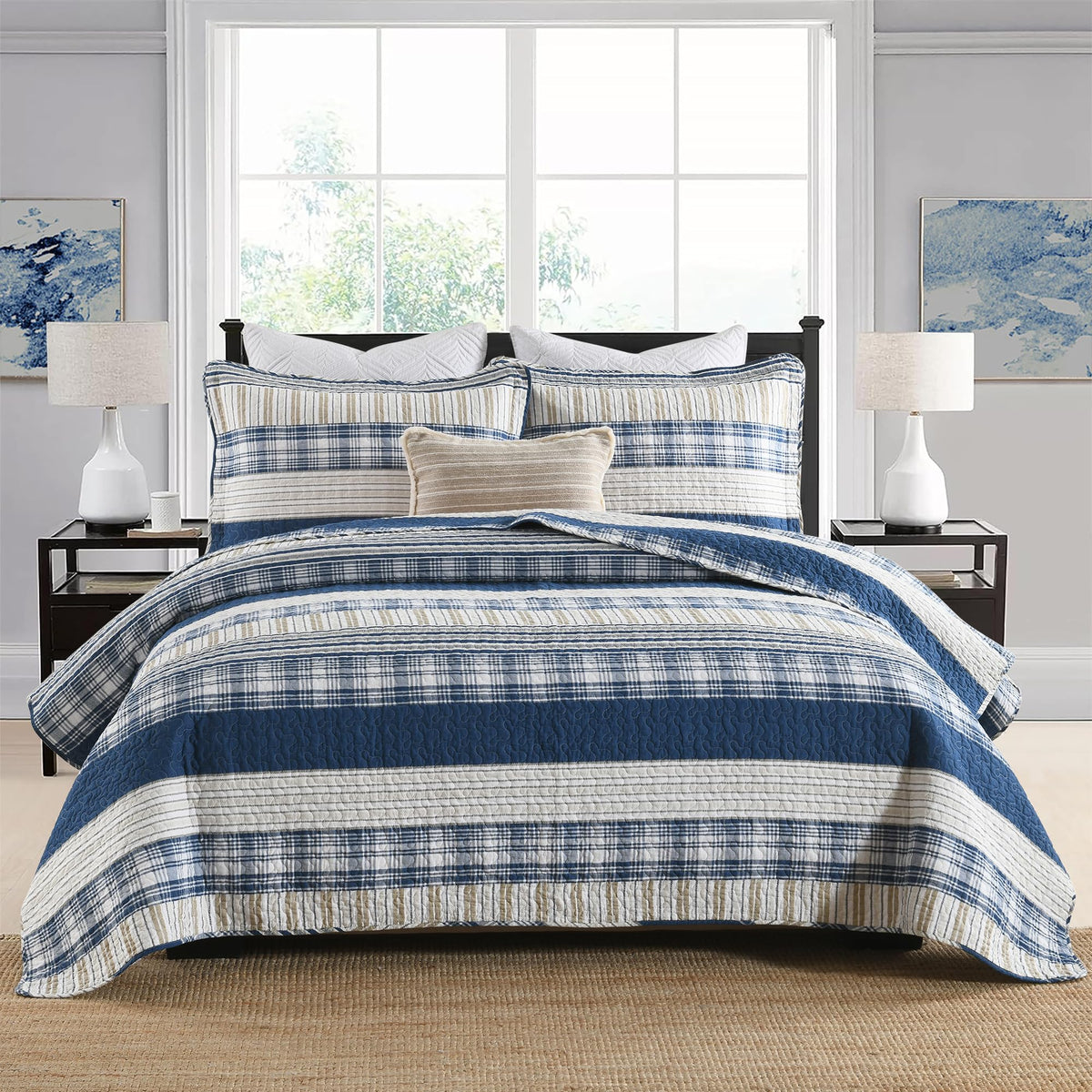 Homzard 100% Cotton Quilt Bedding Set Queen Size Striped Floral Bedspread