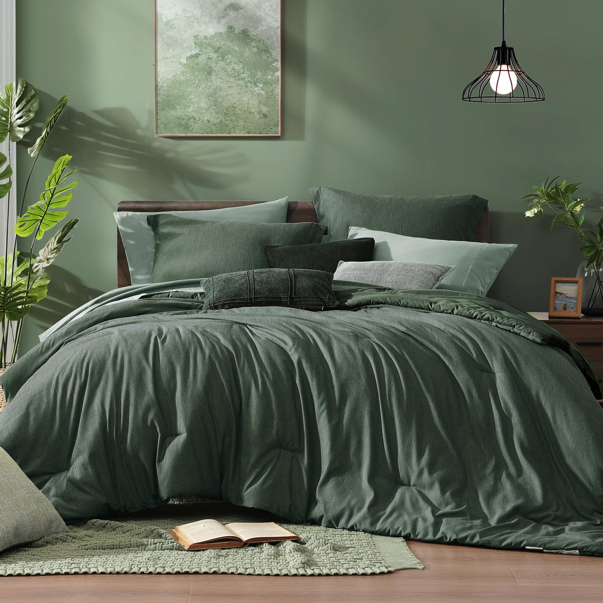 Monbix King Size Comforter Set Olive Green 7 Pieces Bed in a Bag