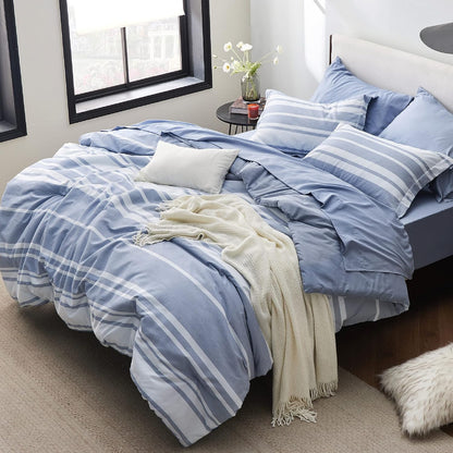 Bedsure Queen Comforter Set, Blue Striped Bedding Set, 7 Piece