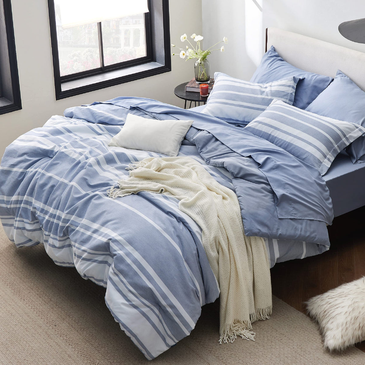 Bedsure Full Comforter Set 7 Pc, Grey Striped, Reversible, All-Season