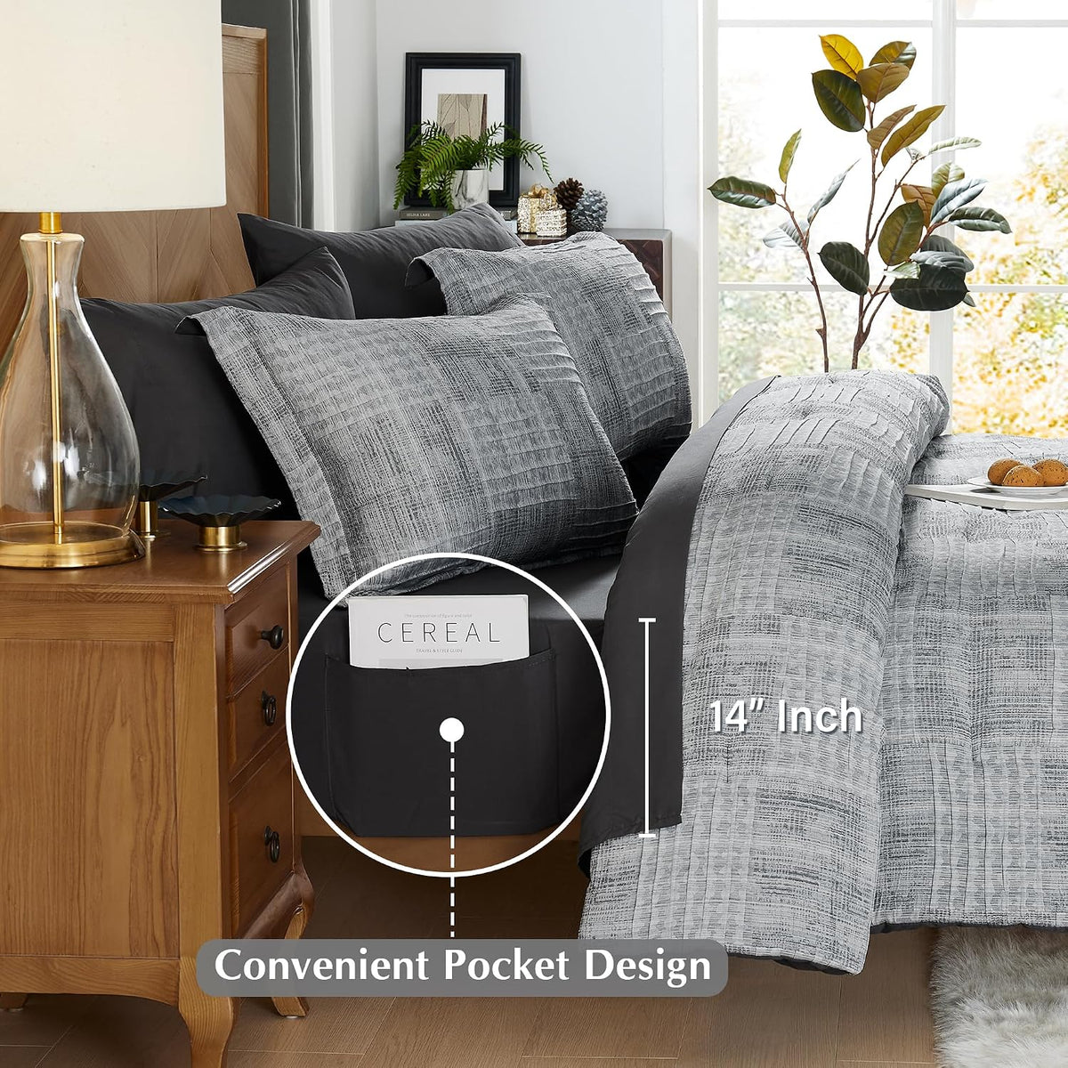 MaiRêve Queen Comforter Set Crinkle Textured Charcoal Grey Bedding 7 Pieces