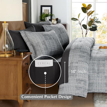 MaiRêve Queen Comforter Set Crinkle Textured Charcoal Grey Bedding 7 Pieces