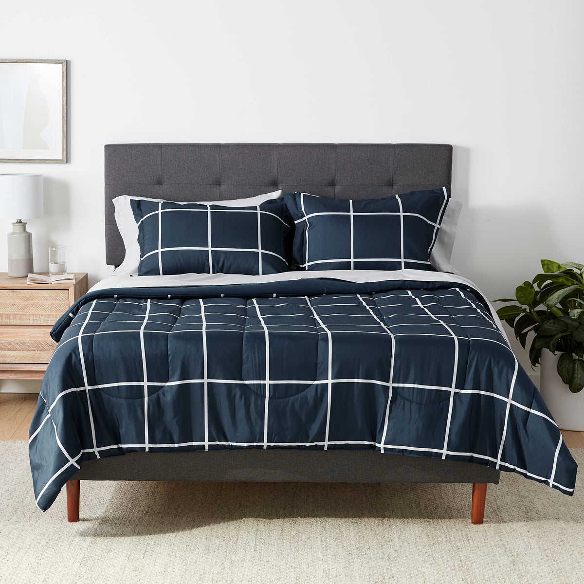 Amazon Basics 5-Piece Lightweight Microfiber Comforter Set with Sheets, Bed-in-a-Bag, Navy with Grey Plaid Bedding, Twin/Twin XL