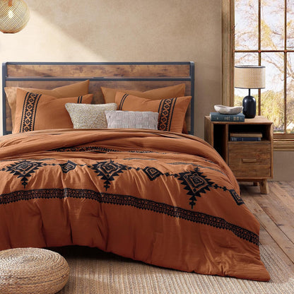 MaiRêve Embroidery Queen Comforter Set 7 Pieces Burnt Orange Bed in a Bag