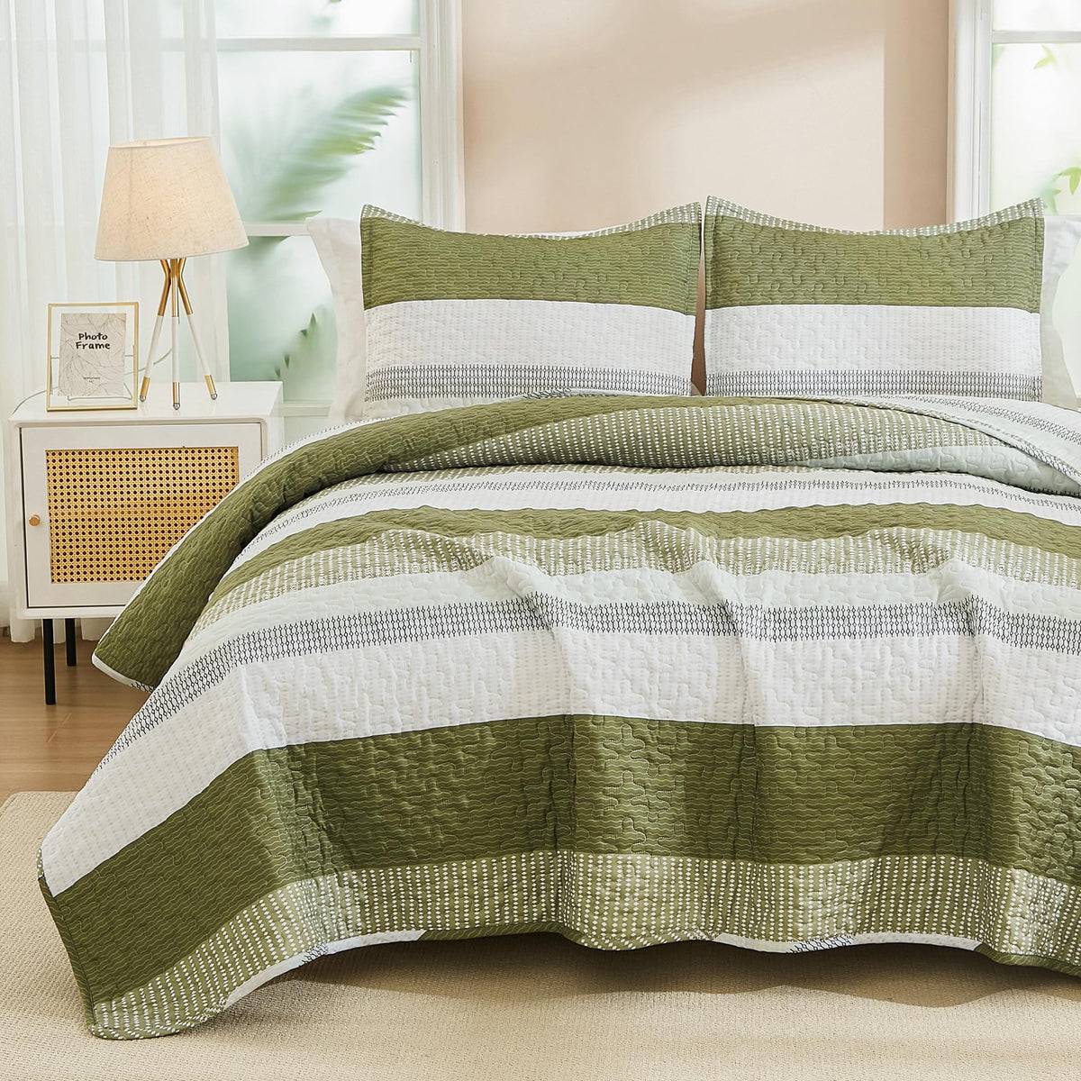 Andency Queen Quilt Bedding Set Sage Green, 3 Pieces Striped Bedspreads