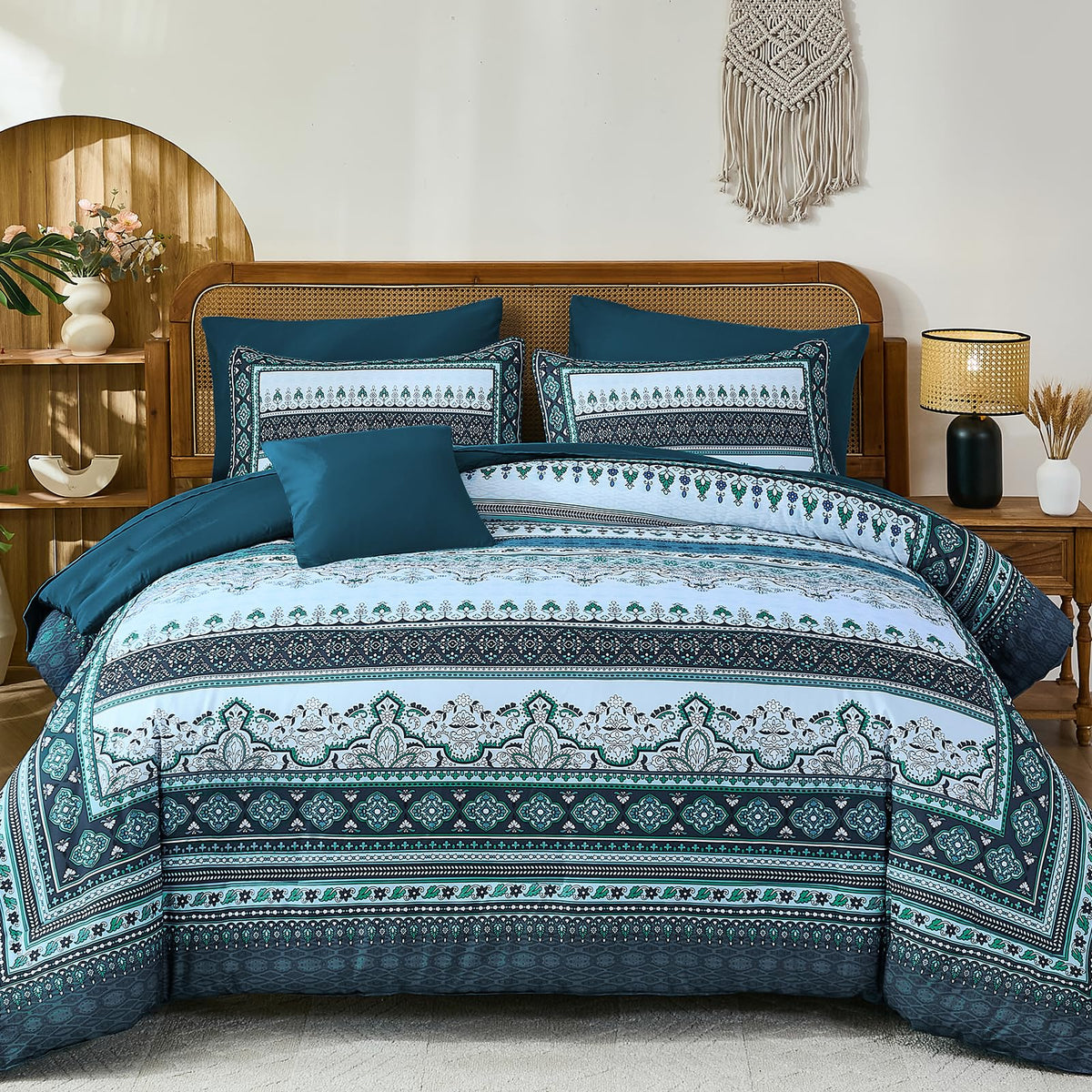 Cottolester Boho Comforter Set Queen Size 8 Piece Bed in a Bag Bohemian Striped Bedding Quilt Set Aqua Paisley Floral Comforter and Sheet Set,Soft Microfiber Complete Bedding Sets for All Season