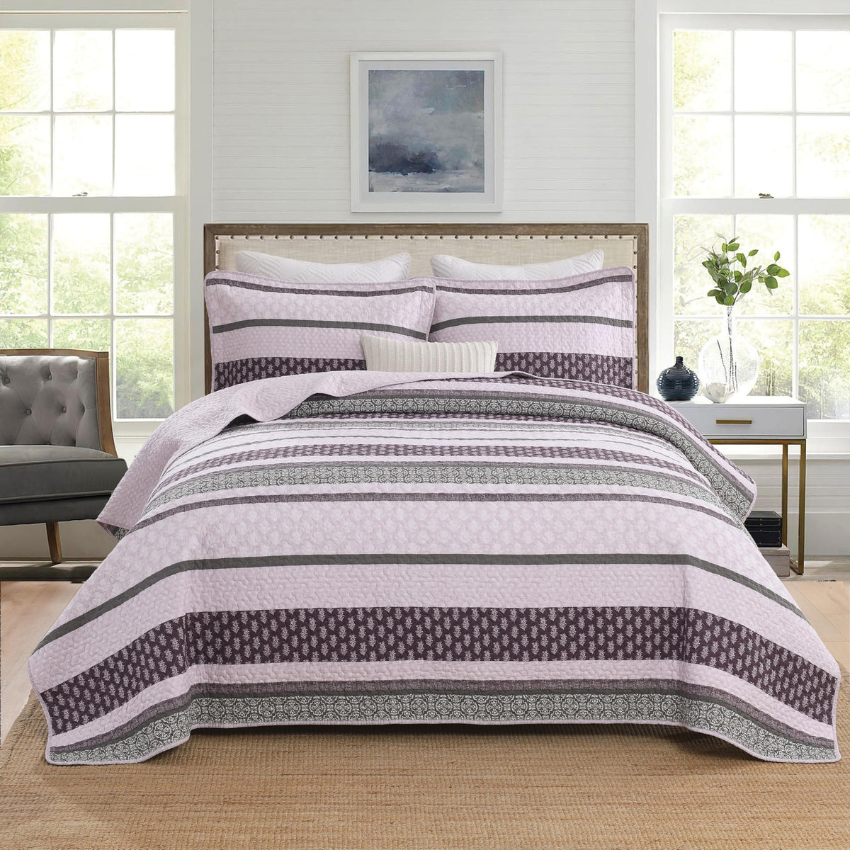 Homzard 100% Cotton Quilt Bedding Set Queen Size Striped Floral Bedspread