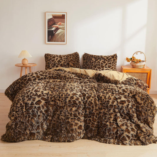 XeGe Cheetah Print Fluffy Faux Fur Duvet Cover Set, Queen, Leopard Brown