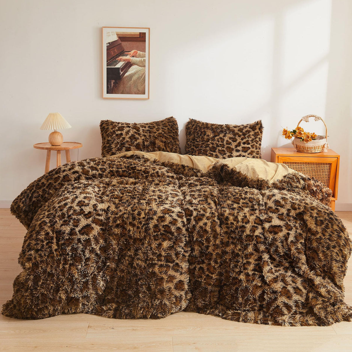 XeGe Cheetah Print Fluffy Faux Fur Duvet Cover Set, Queen, Leopard Brown