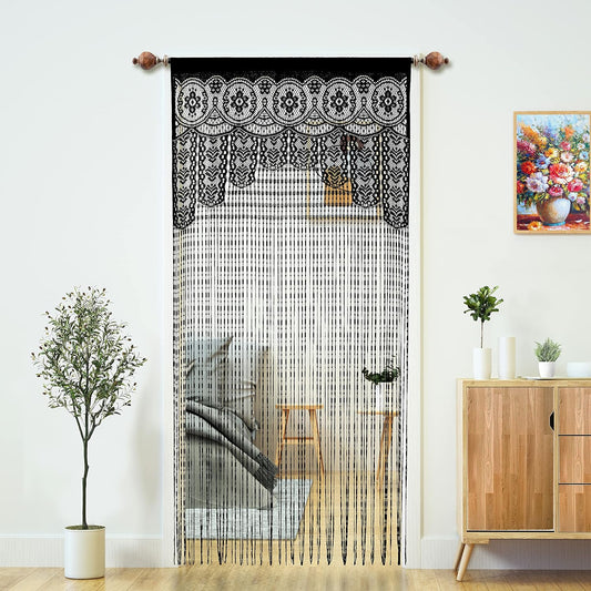 Macrame Lace Door String Curtain for Doorway, Black, 35"W x 79"L, 1 Panel