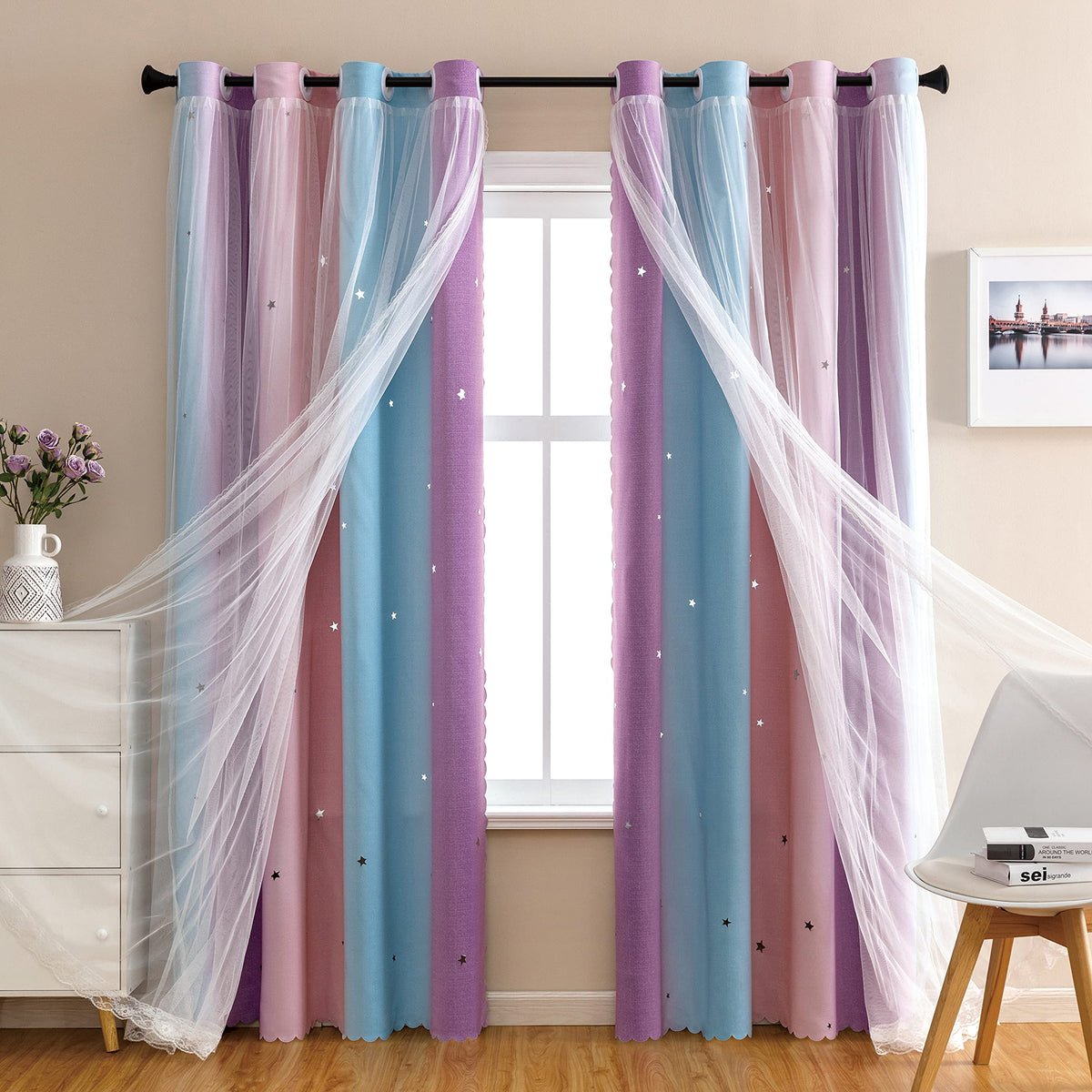 XiDi Curtains for Girls Bedroom Decor, Rainbow Blackout Curtains for Kids/Little Girl Room Decor, Unicorn Wall Decals,Pink Purple Green,63 x 34 inches,1 Panel