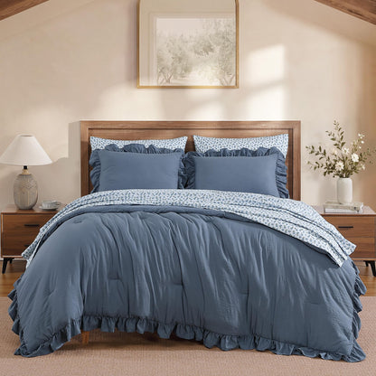 BLOOMHAVEN Queen Comforter Set-7 Pieces Ruffle Bedding with Floral Sheet
