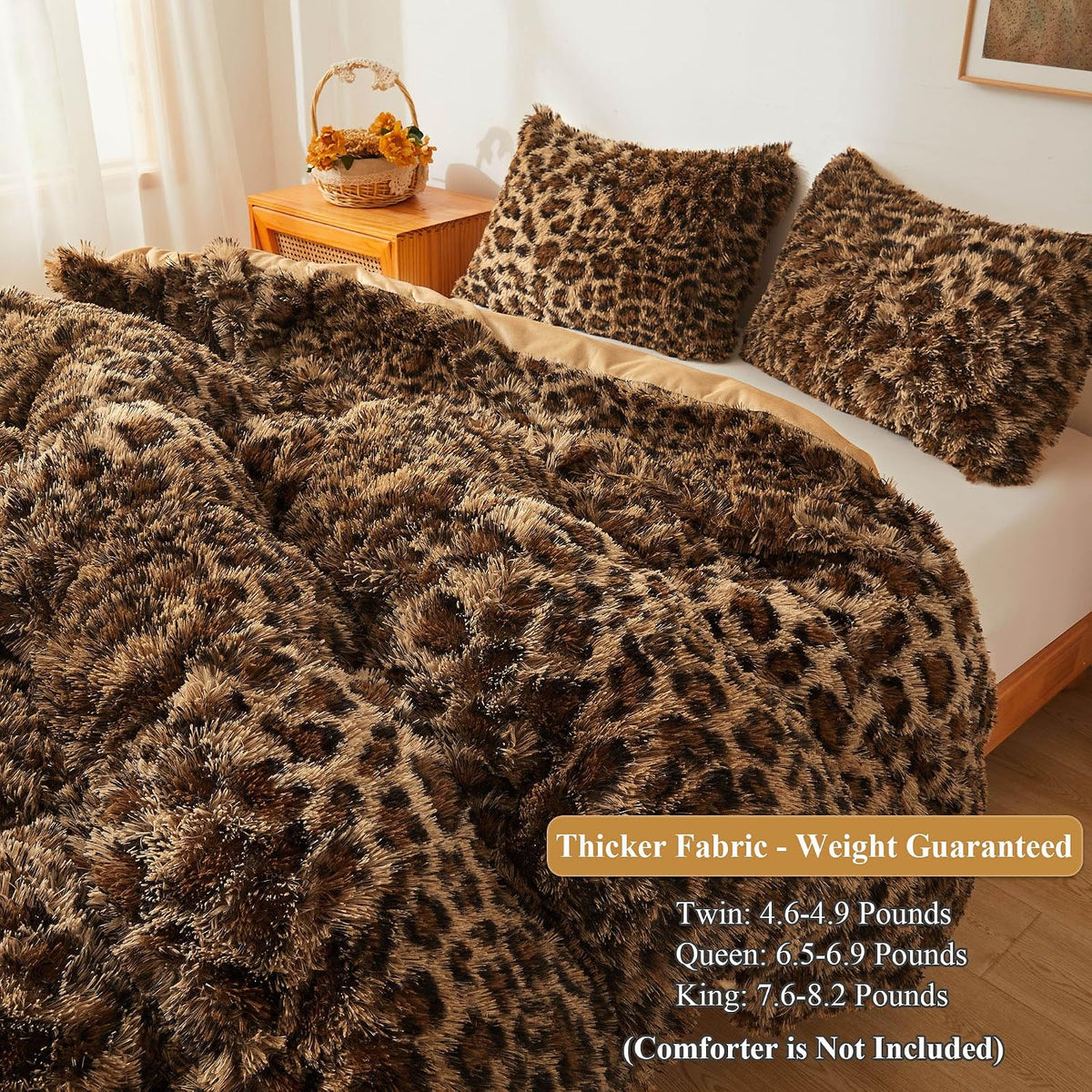 XeGe Cheetah Print Fluffy Faux Fur Duvet Cover Set, Queen, Leopard Brown