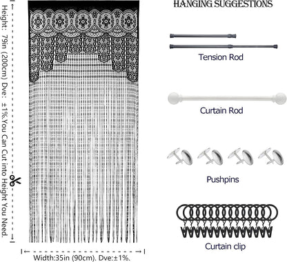 Macrame Lace Door String Curtain for Doorway, Black, 35"W x 79"L, 1 Panel