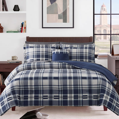 MaiRêve Plaid Queen Comforter Set Navy Blue 7 Pieces Bed in a Bag
