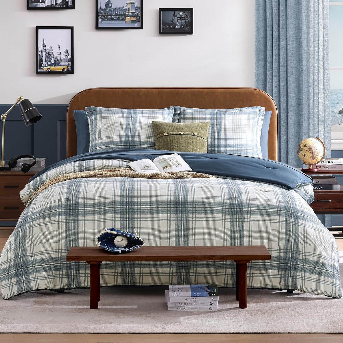 Plaid Full Size Comforter Set Blue Grey 7 Pieces Farmhouse Bed in a Bag