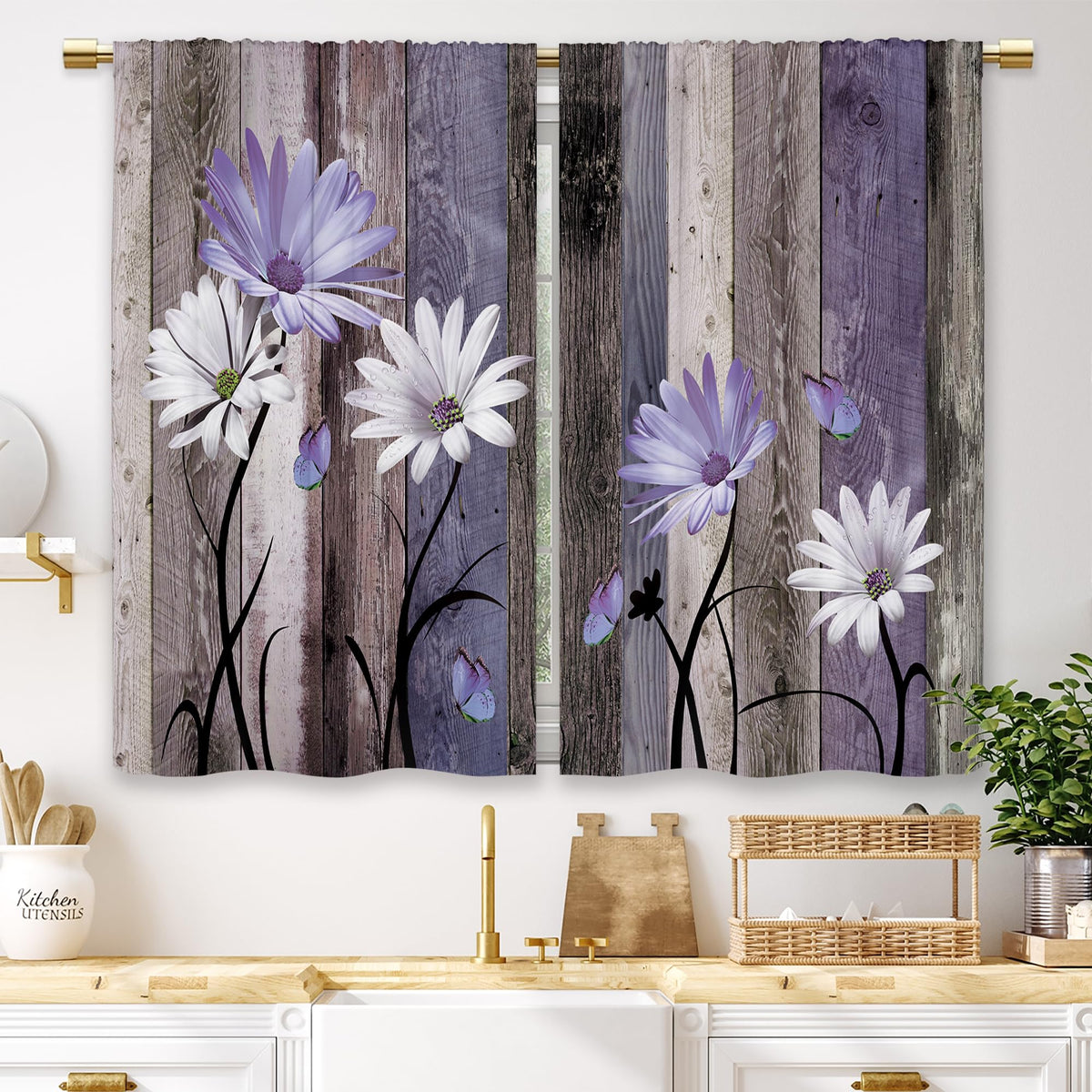 Teal Farmhouse Daisy Kitchen Curtains Wooden Flower Small Short Cafe Window Curtains Rustic Floral Butterfly Country Bathroom Drapes Treatment Tier Curtains 2 Panels (27.5x39 Inch)