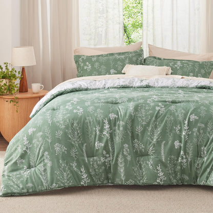 Bedsure Floral Comforter Set Cute Bedding Set Queen Reversible Sage Green