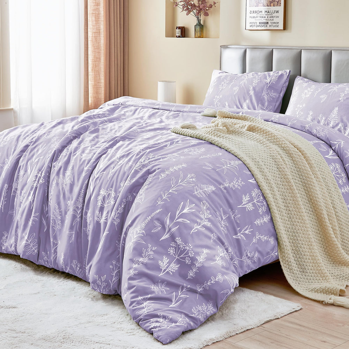 MUXHOMO Duvet Cover King Size, 3-Piece Floral Grey-Blue Bedding Set