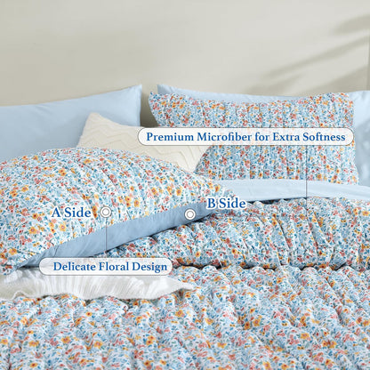 Full Size Comforter Sets - 3 Pieces Blue Ruched Floral Full Bedding Set