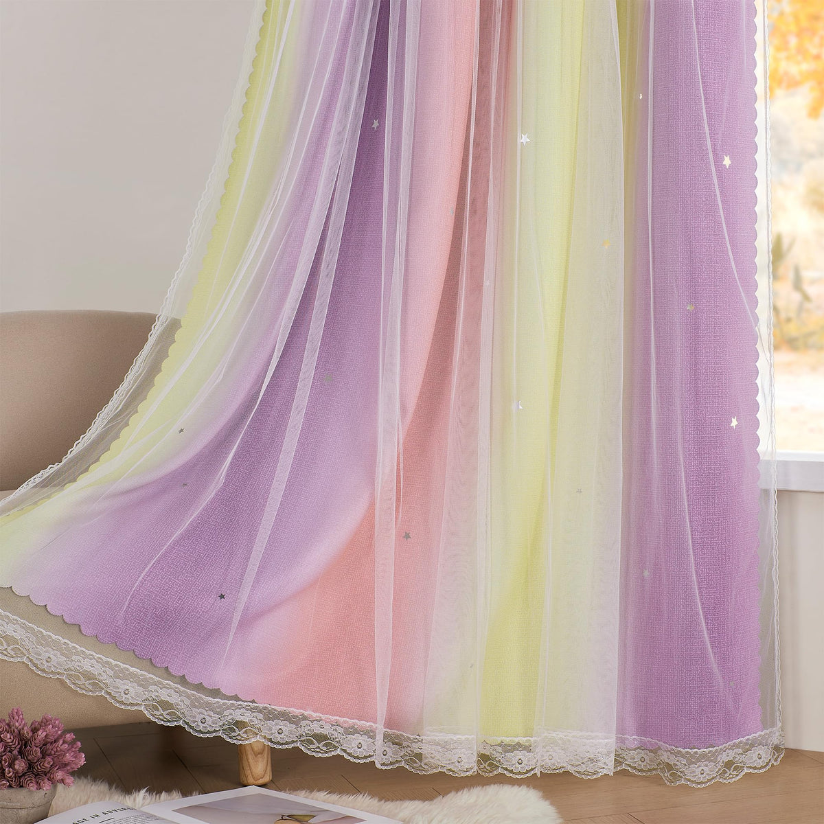 XiDi Curtains for Girls Bedroom Decor, Rainbow Blackout Curtains for Kids/Little Girl Room Decor, Unicorn Wall Decals,Pink Purple Green,63 x 34 inches,1 Panel