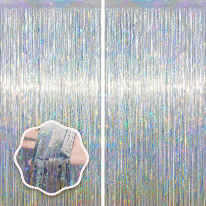Voircoloria Laser Pink Foil Fringe Backdrop Curtains,3.3x6.6ft, 2 Pack