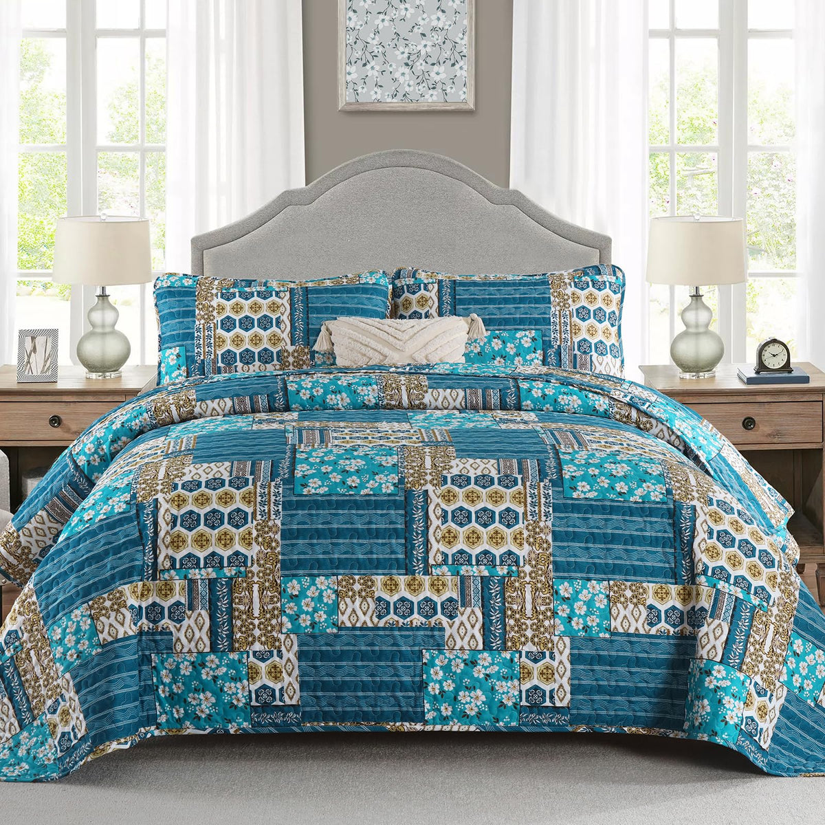 Mybedsoul Boho Quilts Queen Size, Patchwork Floral Bedding Set, Blue