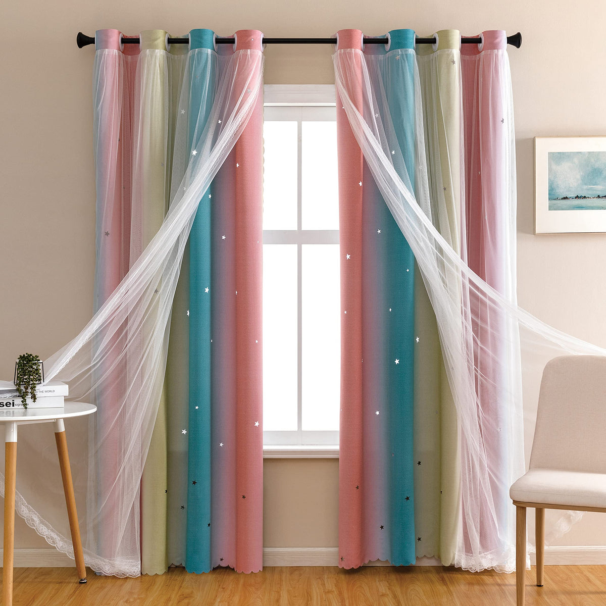 XiDi Curtains for Girls Bedroom Decor, Rainbow Blackout Curtains for Kids/Little Girl Room Decor, Unicorn Wall Decals,Pink Purple Green,63 x 34 inches,1 Panel