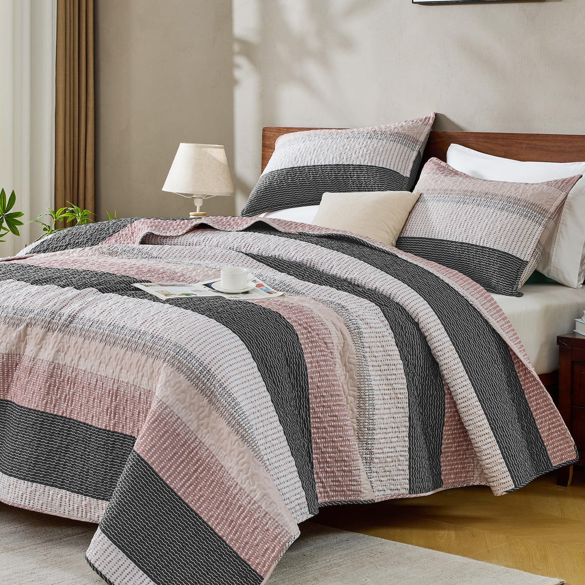 Andency Queen Quilt Bedding Set Sage Green, 3 Pieces Striped Bedspreads