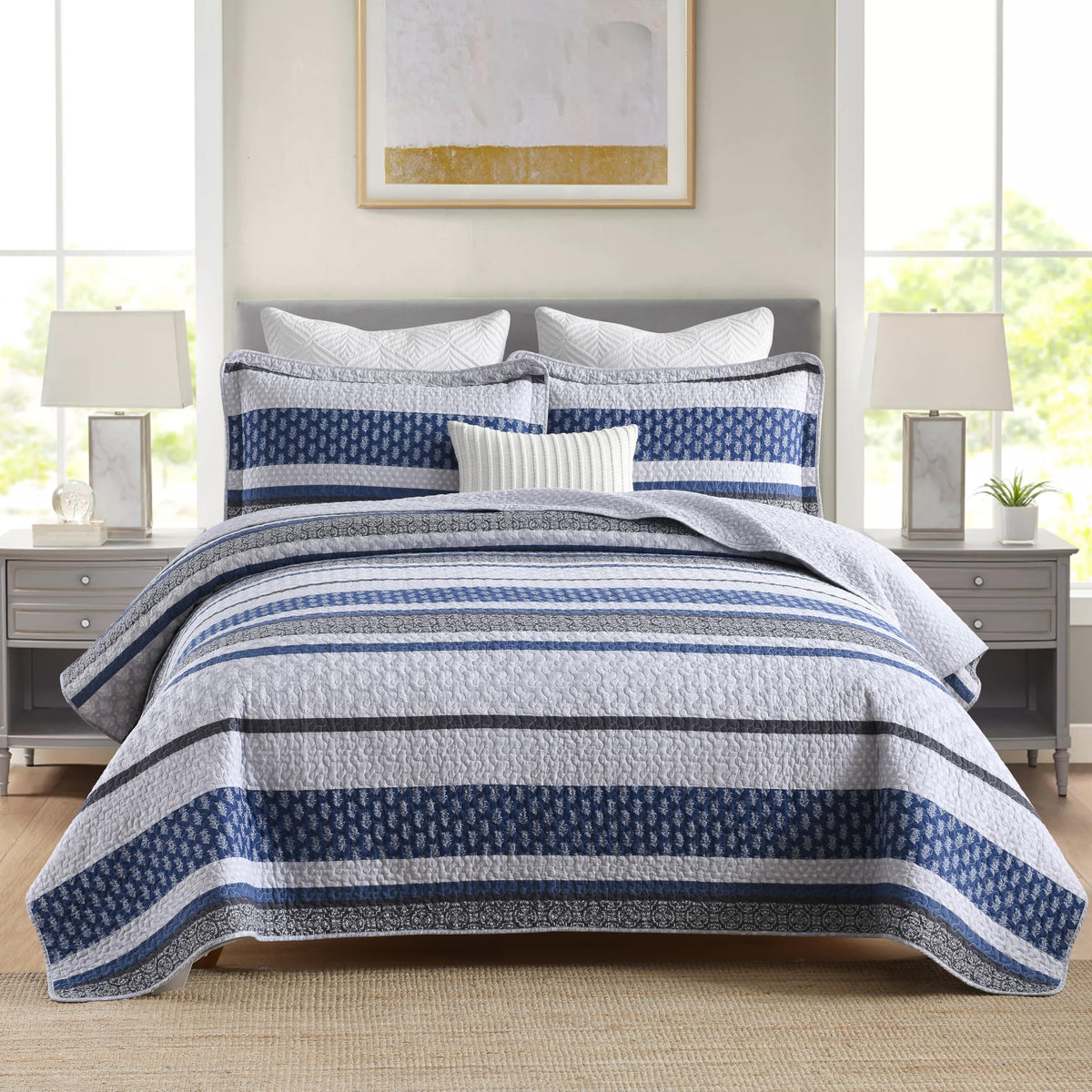 Homzard 100% Cotton Quilt Bedding Set Queen Size Striped Floral Bedspread