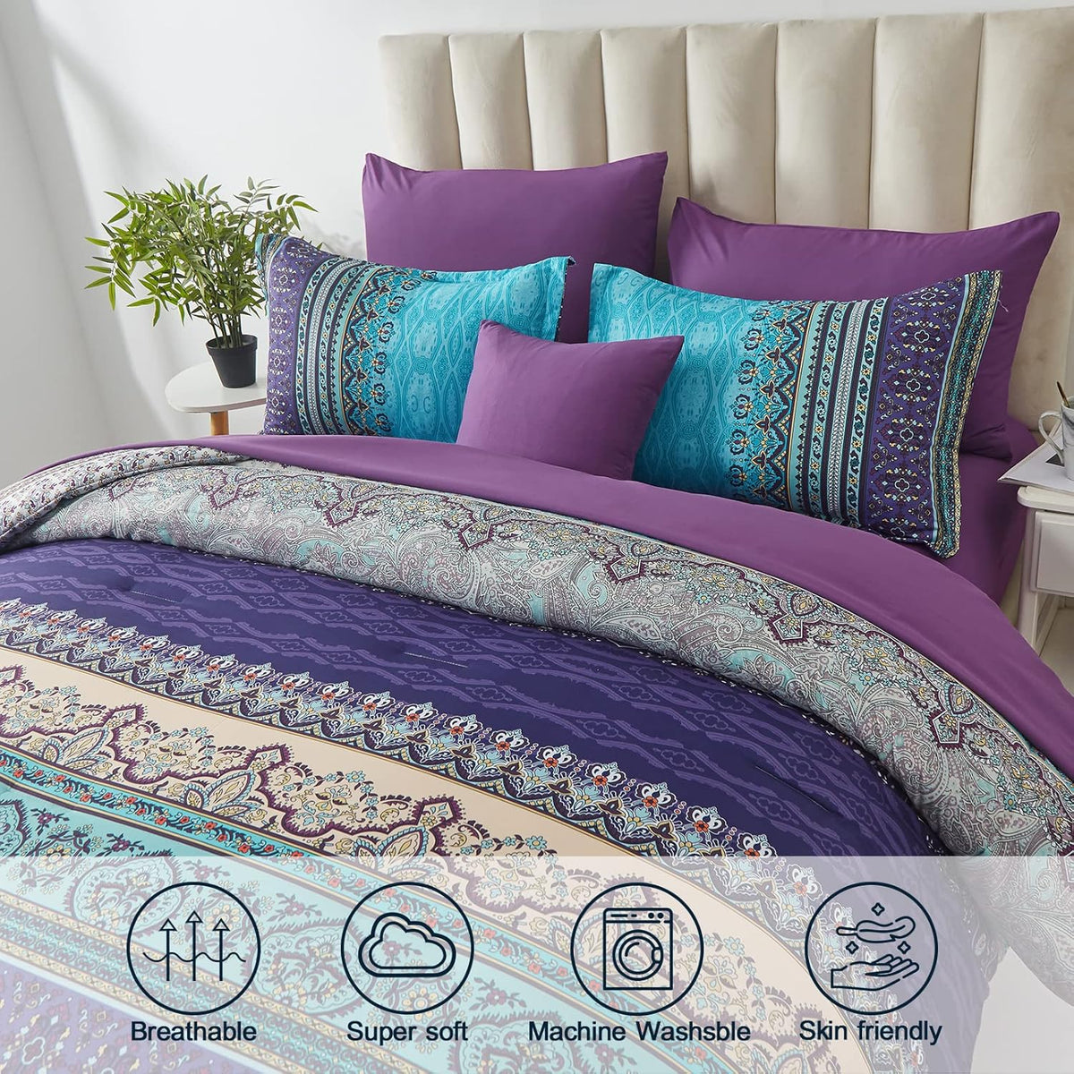 Cottolester Boho Comforter Set Queen Size 8 Piece Bed in a Bag Bohemian Striped Bedding Quilt Set Aqua Paisley Floral Comforter and Sheet Set,Soft Microfiber Complete Bedding Sets for All Season
