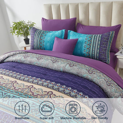 Cottolester Boho Comforter Set Queen Size 8 Piece Bed in a Bag Bohemian Striped Bedding Quilt Set Aqua Paisley Floral Comforter and Sheet Set,Soft Microfiber Complete Bedding Sets for All Season