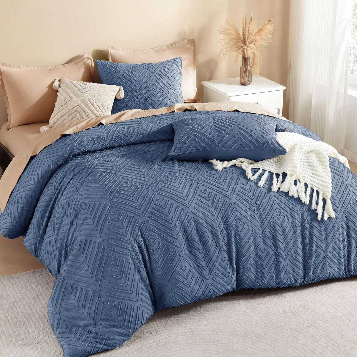 Litanika King Size Comforter Set, 3 Pieces Beige Tufted Boho Bedding Set