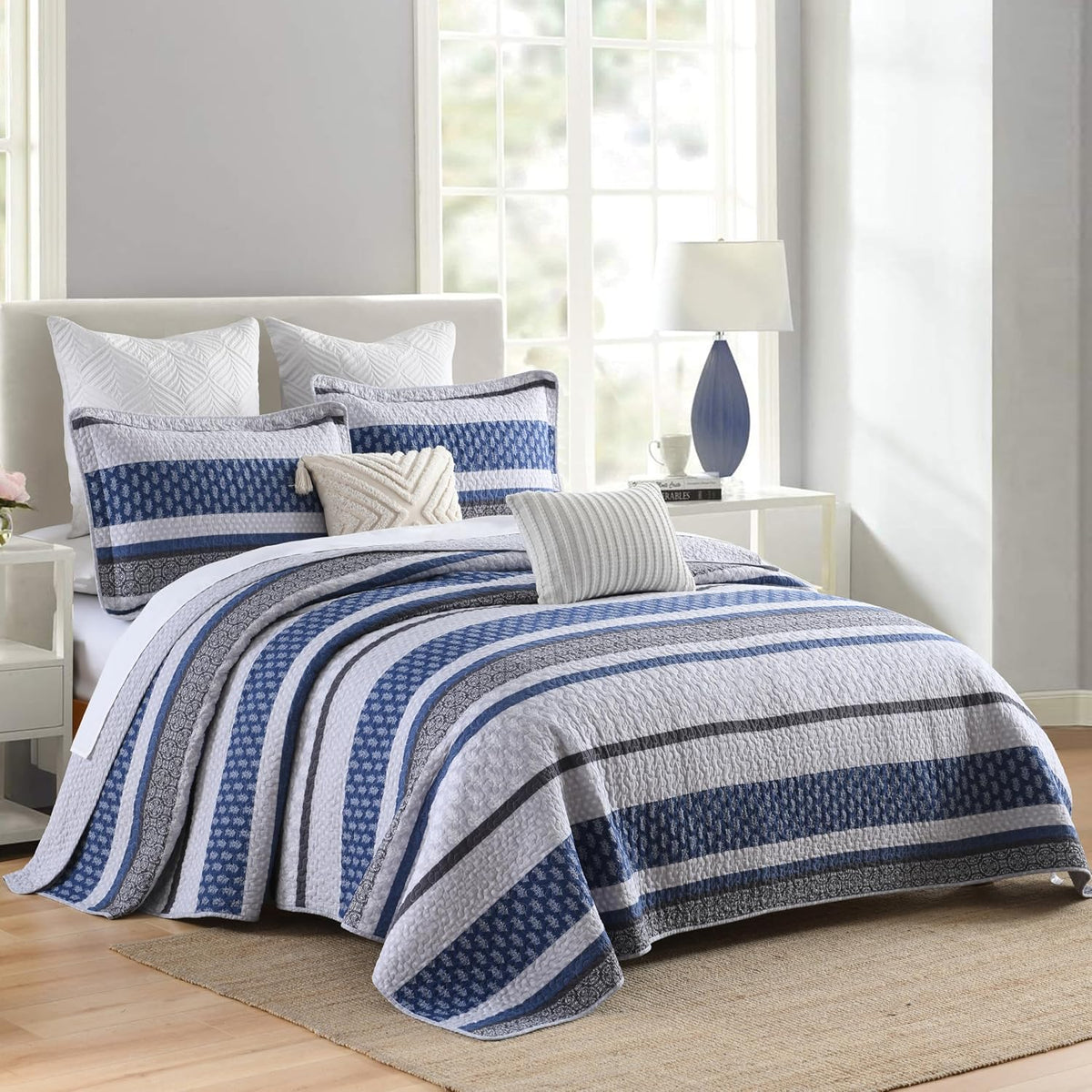 Homzard 100% Cotton Quilt Bedding Set Queen Size Striped Floral Bedspread