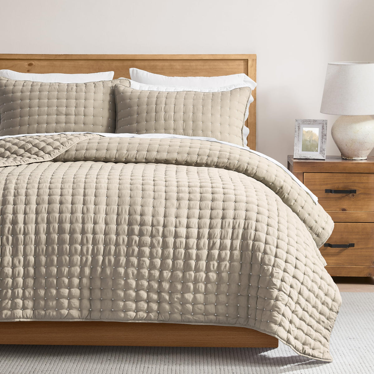 WDCOZY Cloud Soft Quilt Set, King Size, Light Beige, 3 Pieces 104x90 inches