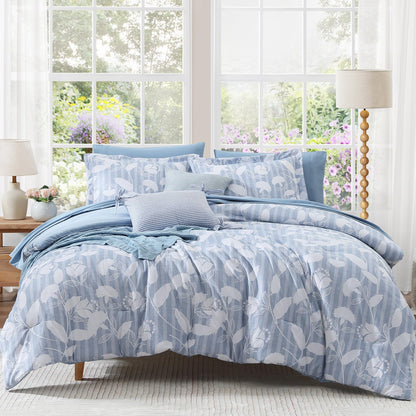 BLOOMHAVEN Queen Comforter Set-7 Pieces Blue Floral Bed in a Bag Queen