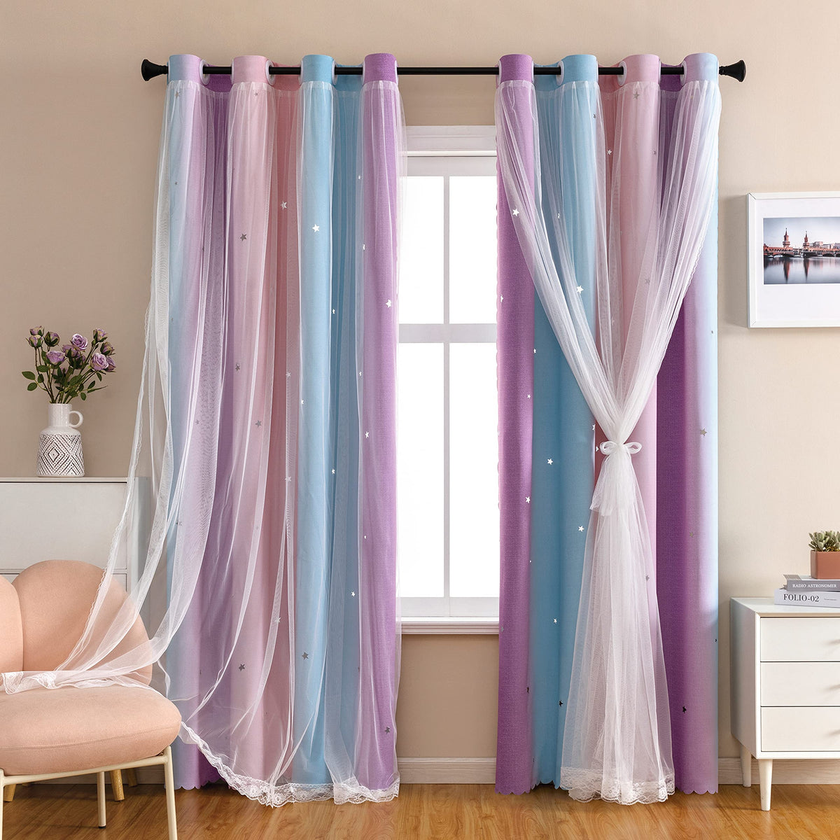 XiDi Curtains for Girls Bedroom Decor, Rainbow Blackout Curtains for Kids/Little Girl Room Decor, Unicorn Wall Decals,Pink Purple Green,63 x 34 inches,1 Panel