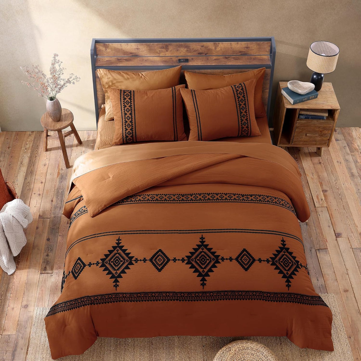 MaiRêve Embroidery Queen Comforter Set 7 Pieces Burnt Orange Bed in a Bag